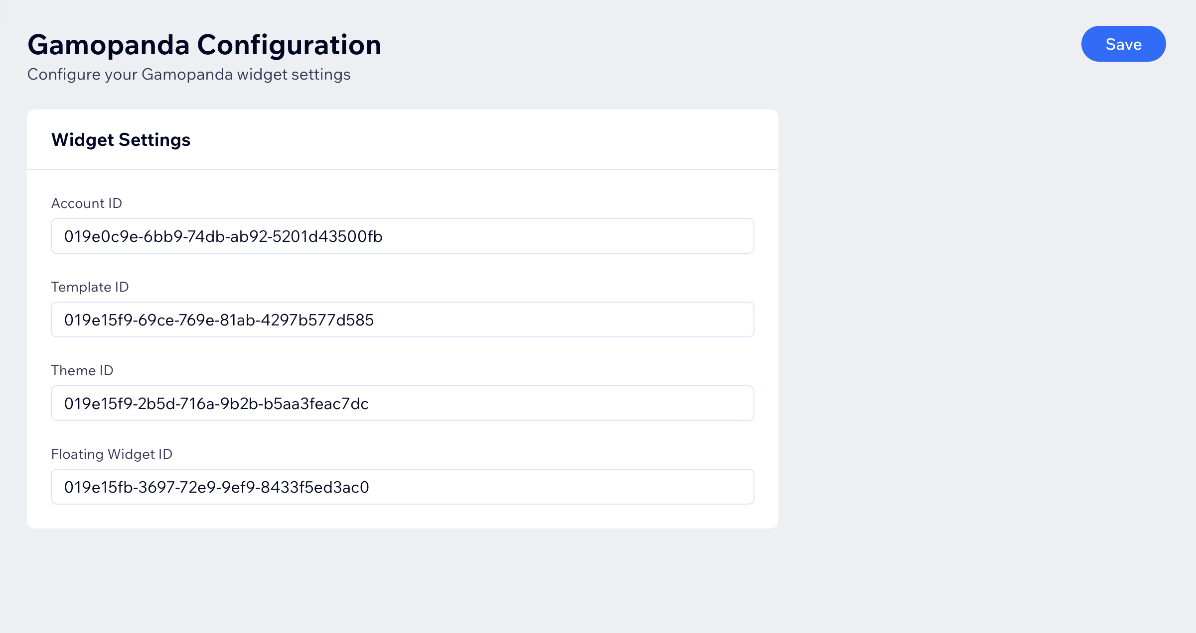 Embedded Script Configuration in the Wix Apps menu showing Account Id, Template Id, Theme Id, and Floating Widget Id fields